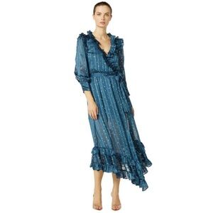 MISA Los Angeles Gabriella Midi Dress Teal Ruffle Tiered Crepe Medium